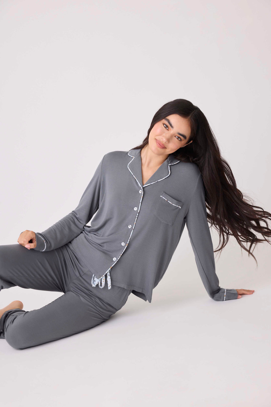 Women's modal pajama set top & pant in charcoal with printed piping & chest pocket.