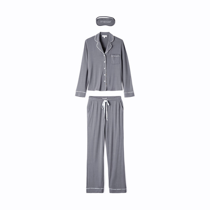 Women's modal pajama set top & pant in charcoal with printed piping & chest pocket.