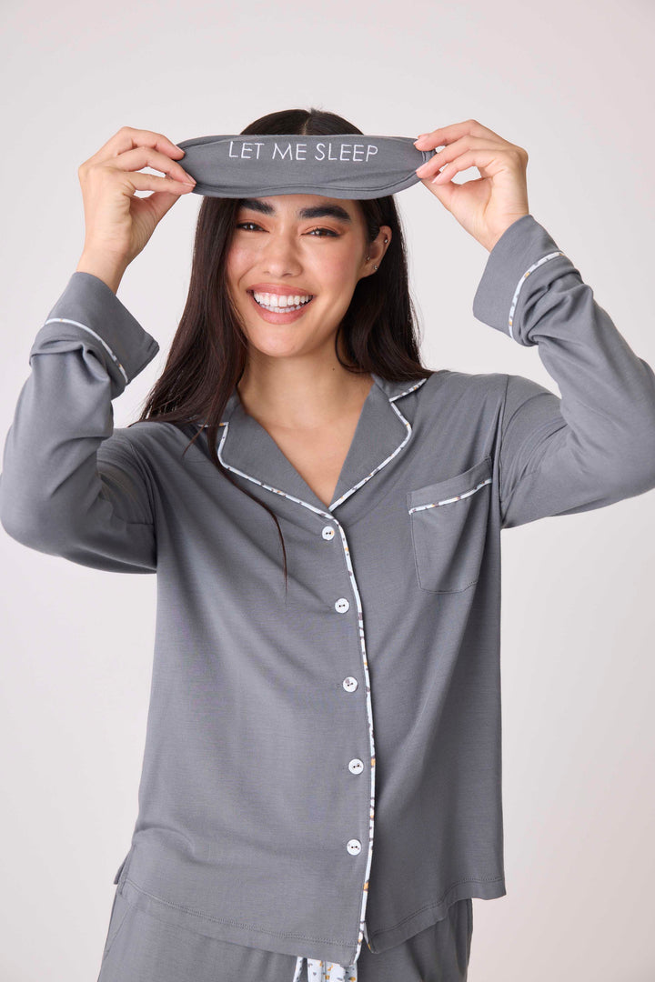 Women's modal pajama set top & pant in charcoal with printed piping & chest pocket.