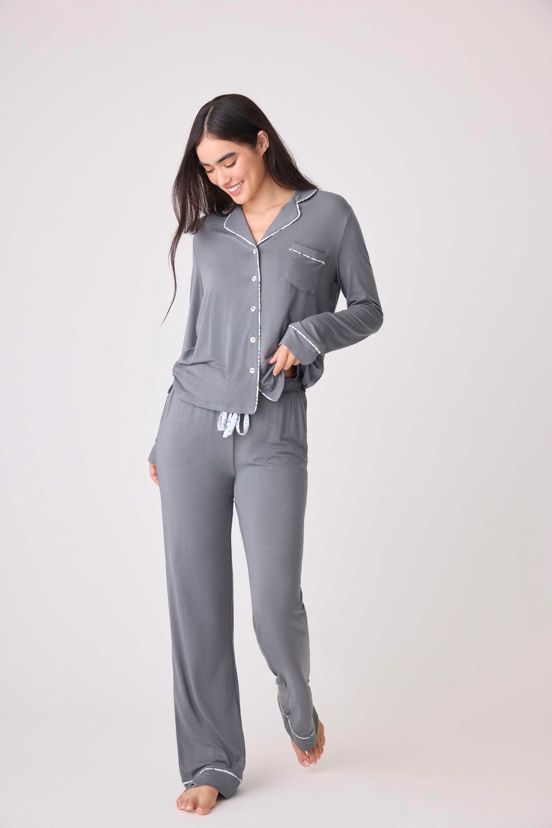 Women's modal pajama set top & pant in charcoal with printed piping & chest pocket.