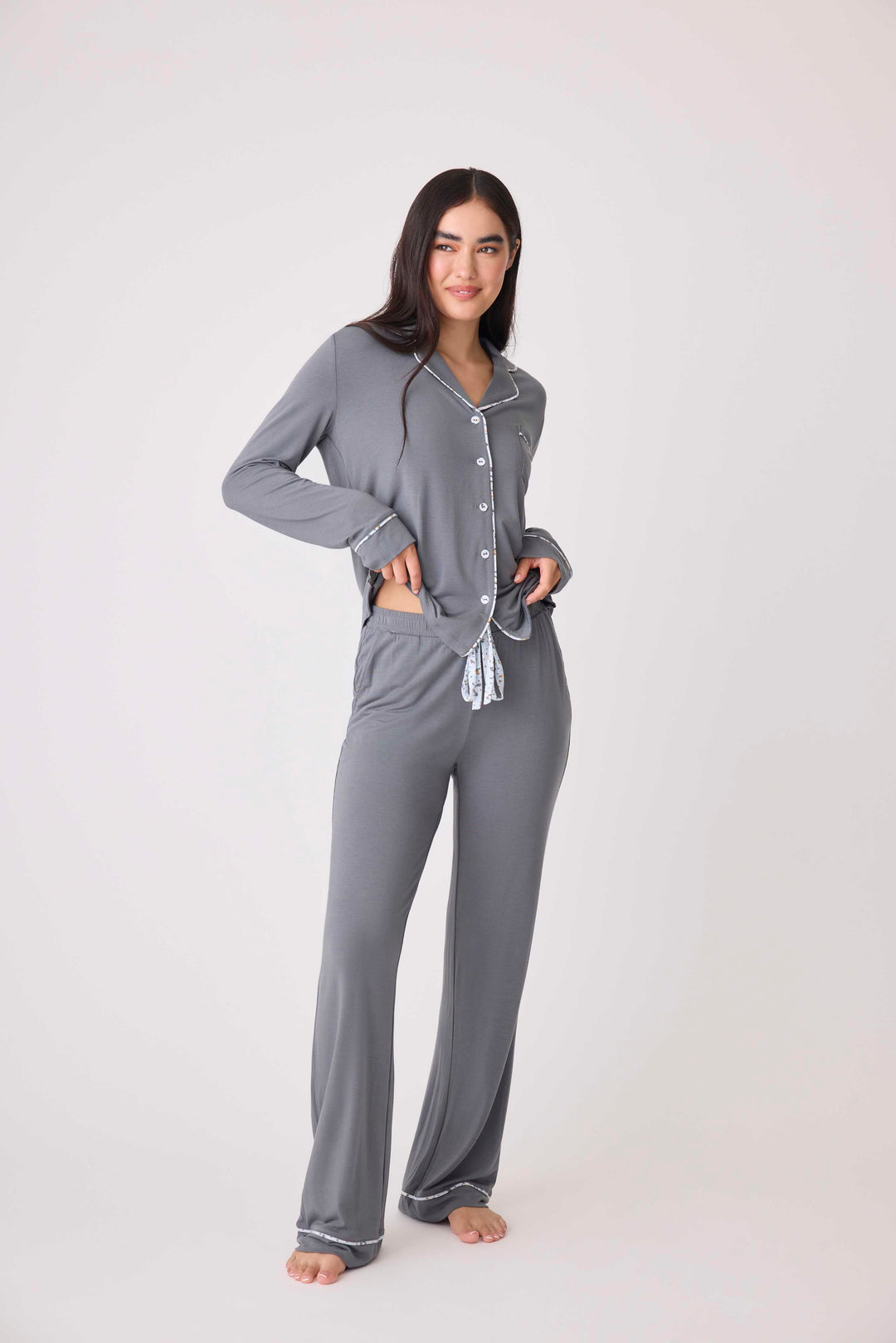 Women's modal pajama set top & pant in charcoal with printed piping & chest pocket.