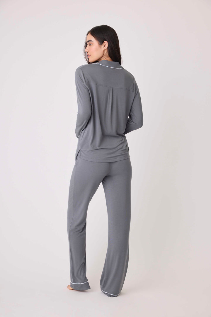 Women's modal pajama set top & pant in charcoal with printed piping & chest pocket.