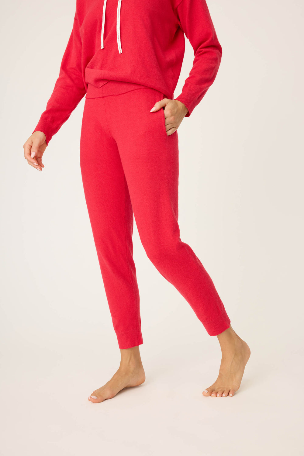 Women's red lounge pant with tie waist.