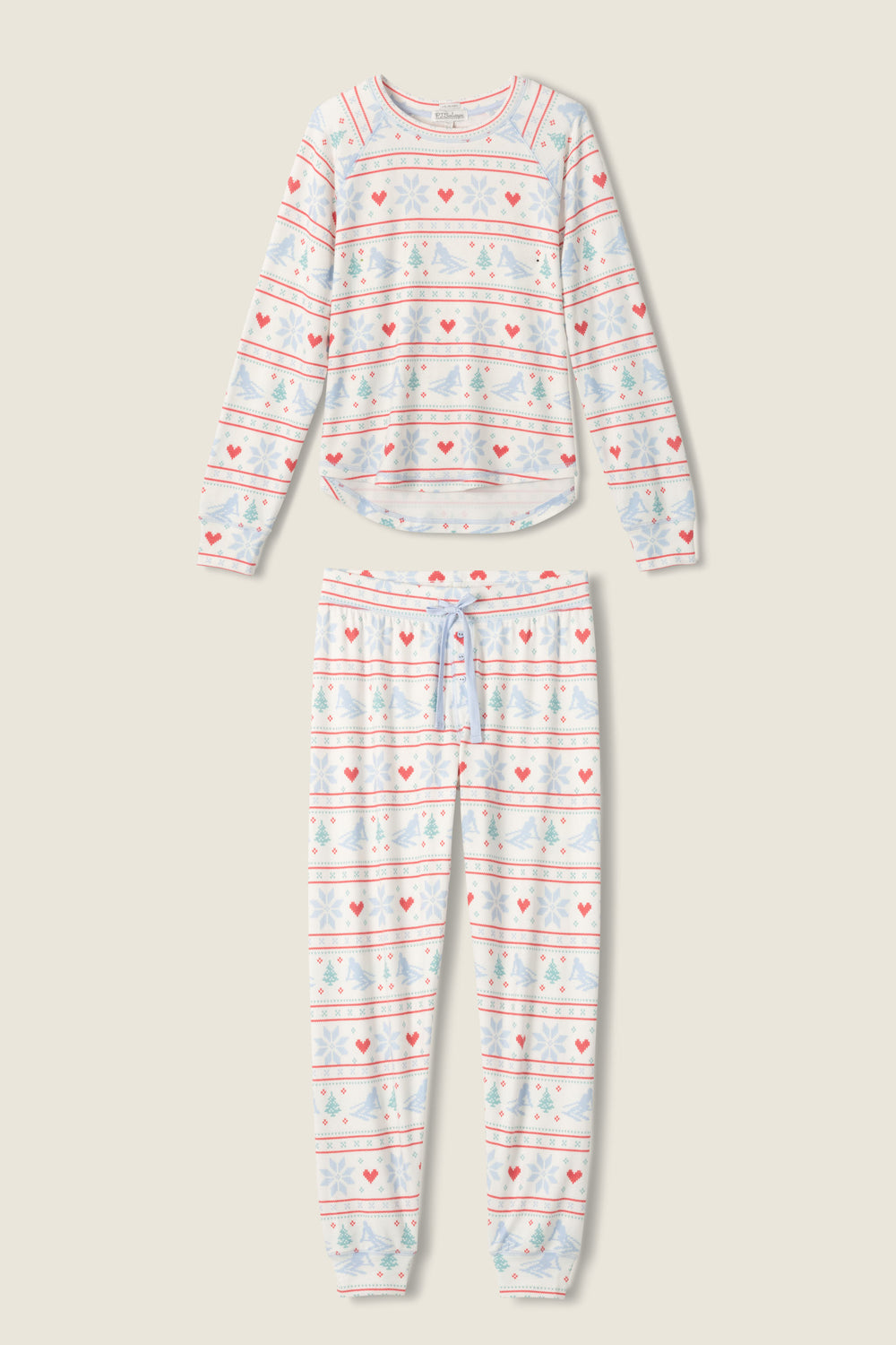 Women's white jammie top and banded PJ pant with ski-theme pattern.