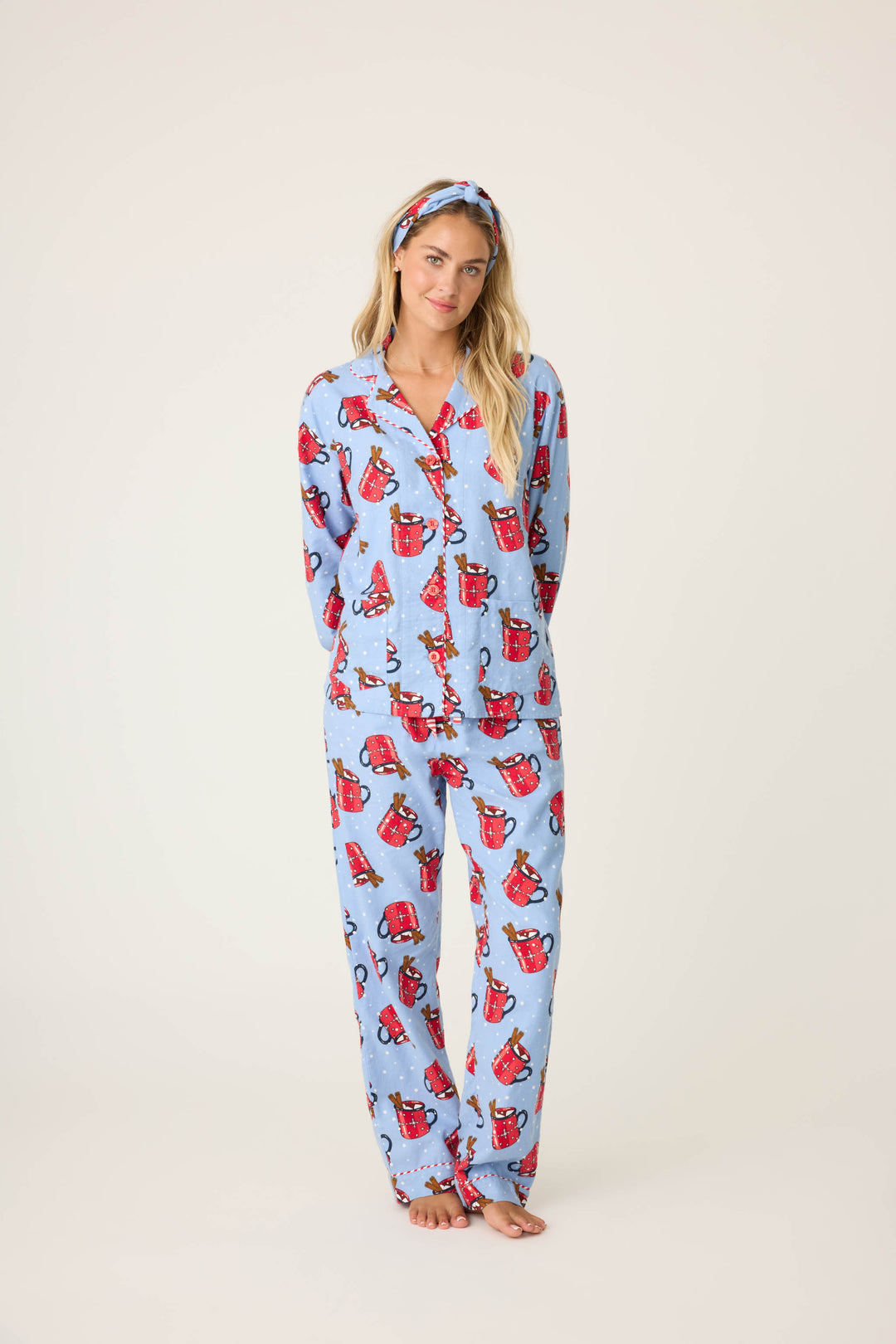 Women's blue tie waist PJ pant and collared PJ top with hot cocoa mug pattern.