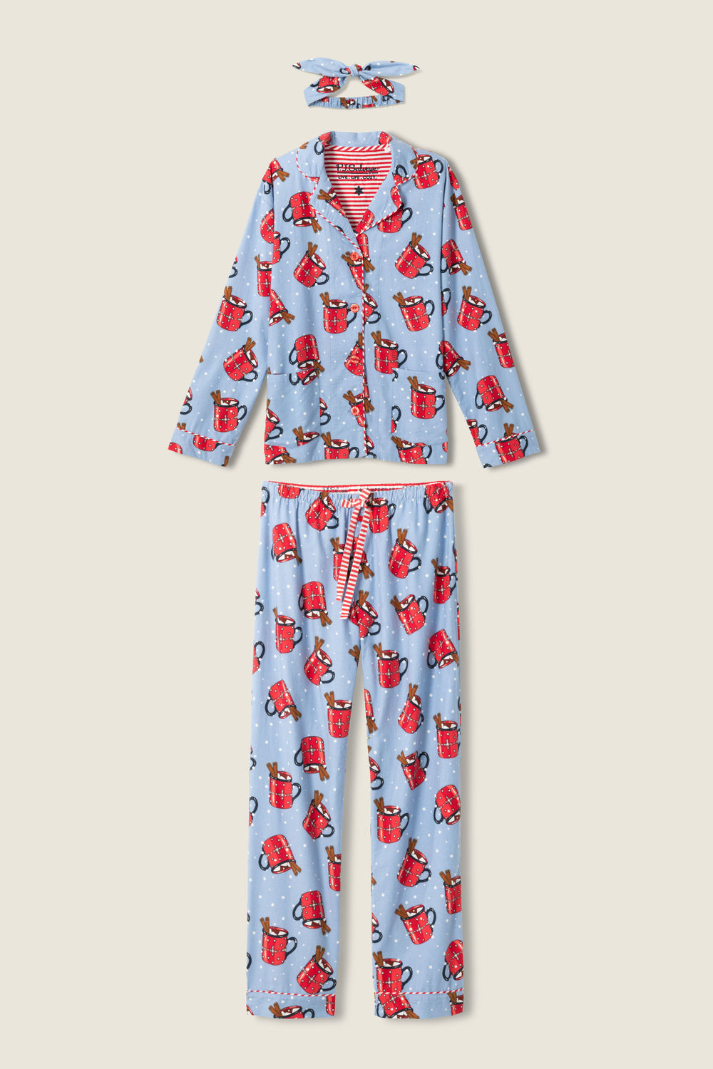 Women's blue tie waist PJ pant and collared PJ top with hot cocoa mug pattern.