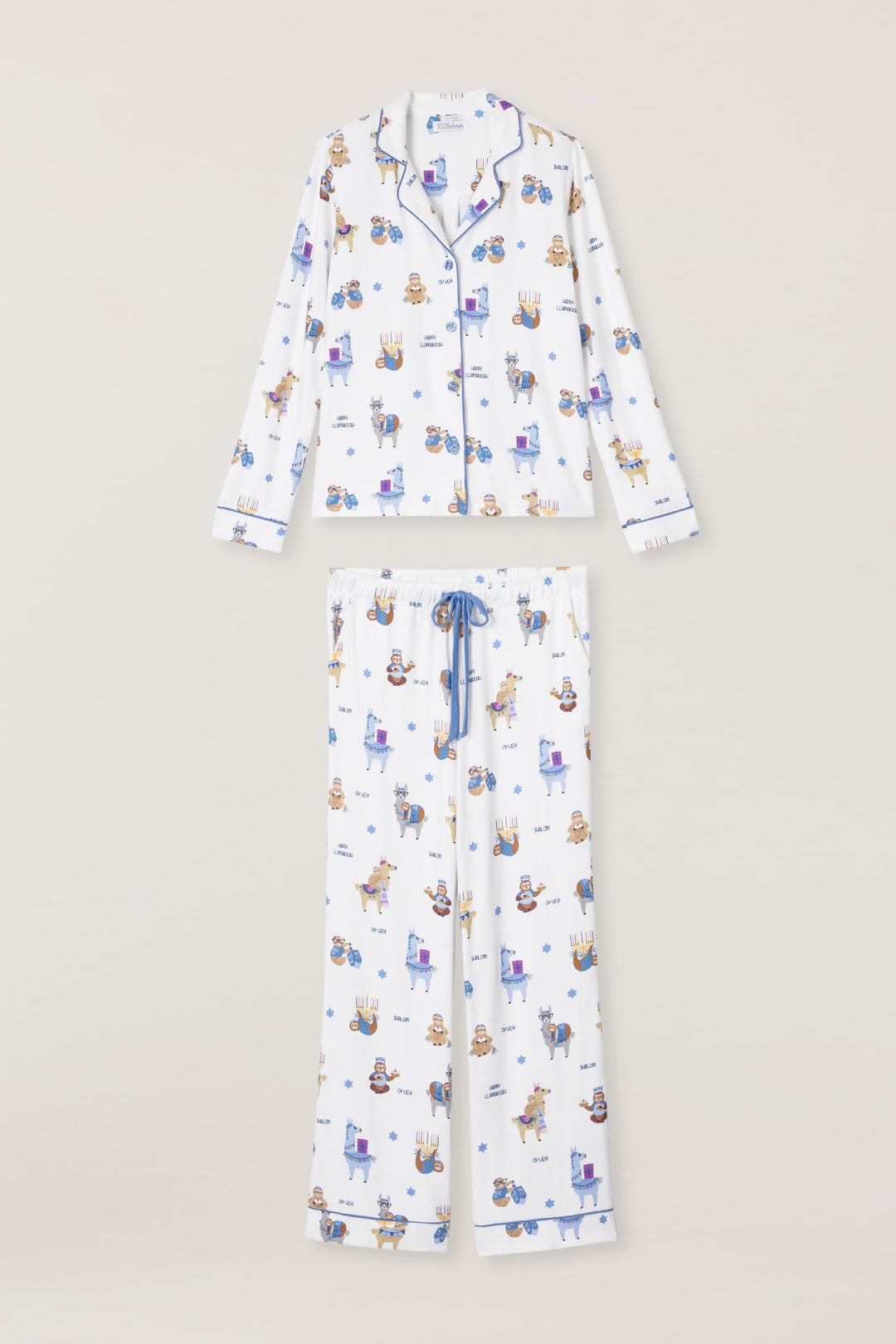 Women's white collared PJ top and tie waist pant with Hanukkah llama pattern.