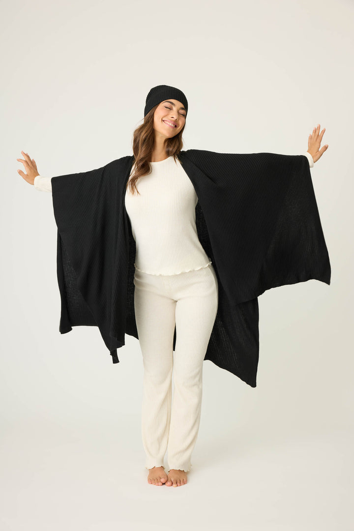 Women's black luxe ribbed lounge cardigan.