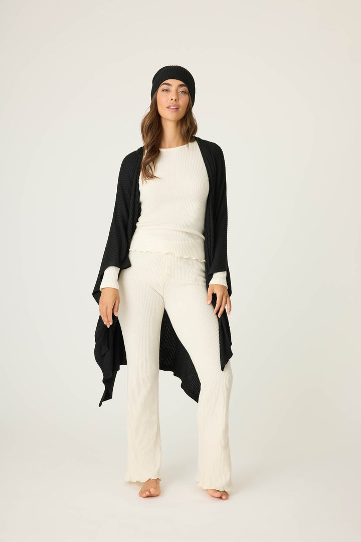 Women's black luxe ribbed lounge cardigan.