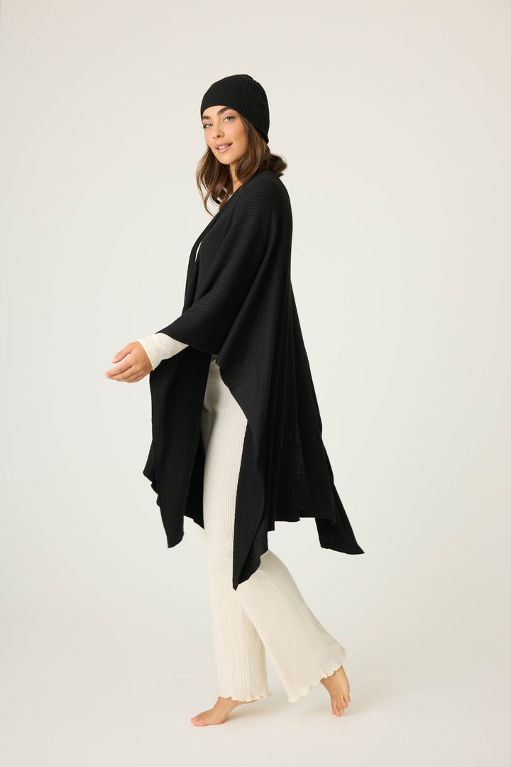 Women's black luxe ribbed lounge cardigan.