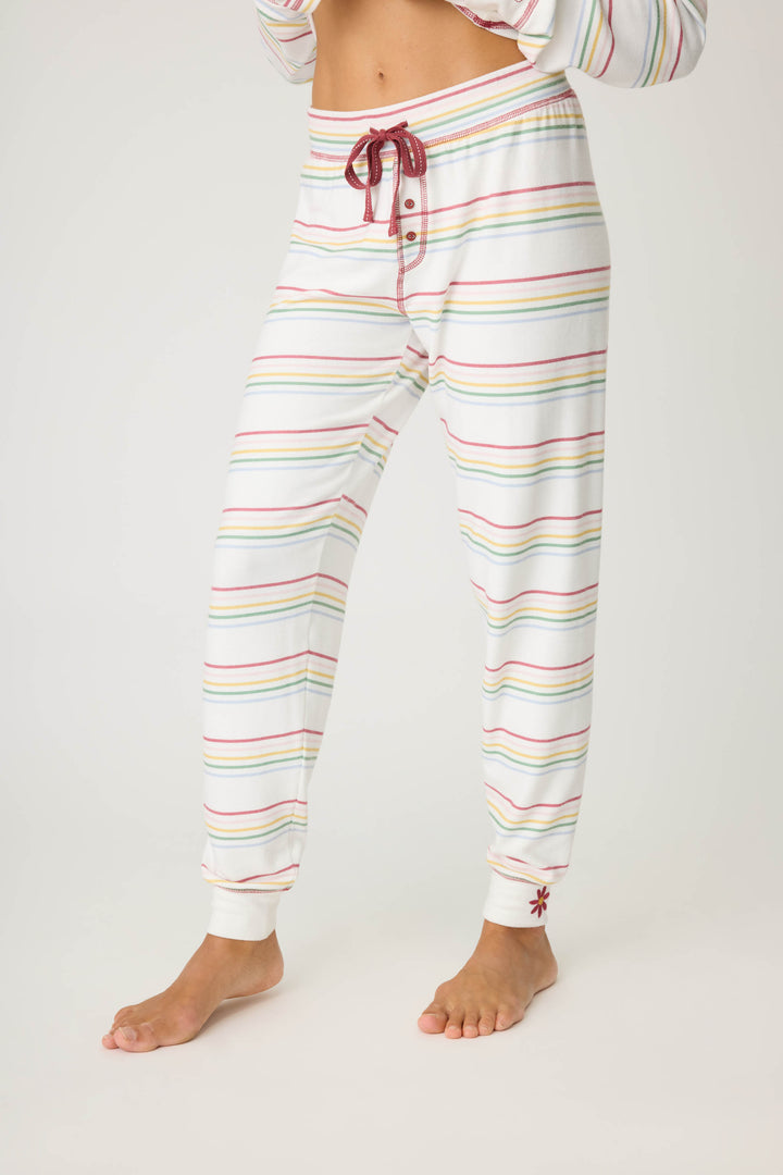 Women's white and multi-color stripe banded PJ pant with tie waist and flower embroidery on ankle.