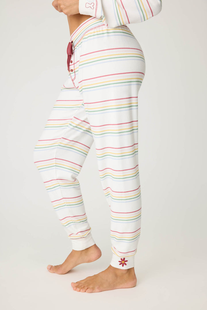 Women's white and multi-color stripe banded PJ pant with tie waist and flower embroidery on ankle.