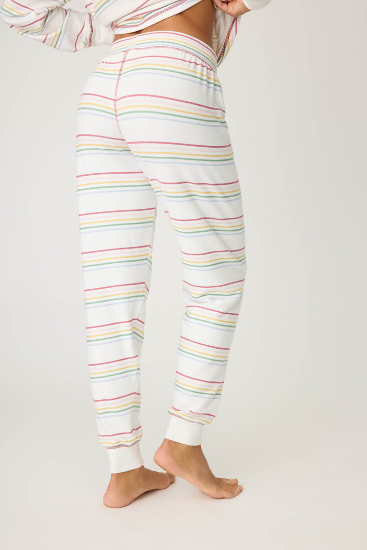 Women's white and multi-color stripe banded PJ pant with tie waist and flower embroidery on ankle.