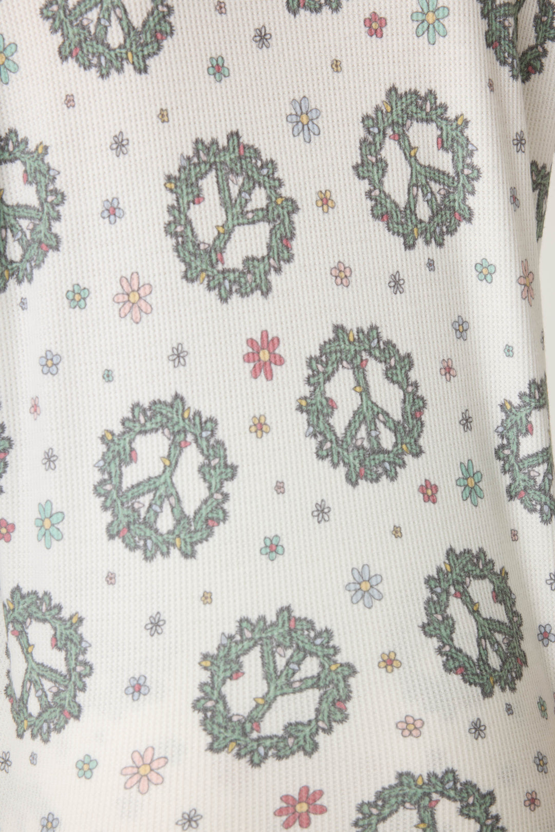 Women's white and green peace pattern lounge hoodie and lounge pant.