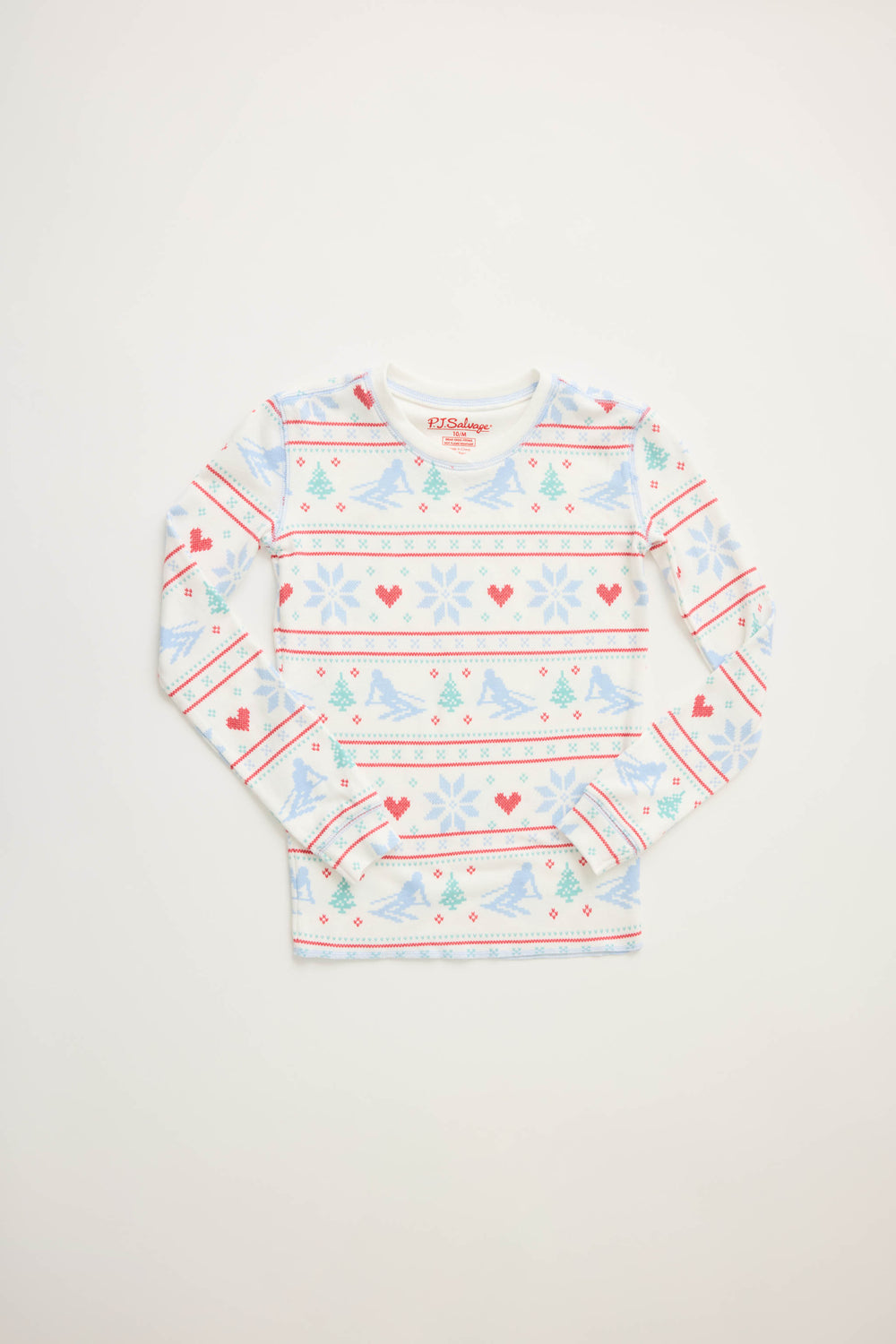 Kids white PJ long sleeve and banded pant with ski-theme pattern.