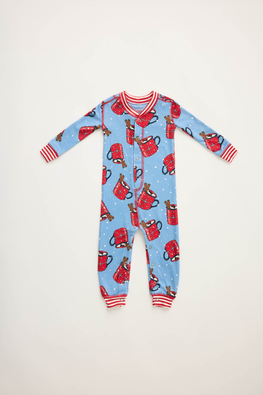 Kids blue romper with red hot cocoa mug pattern.