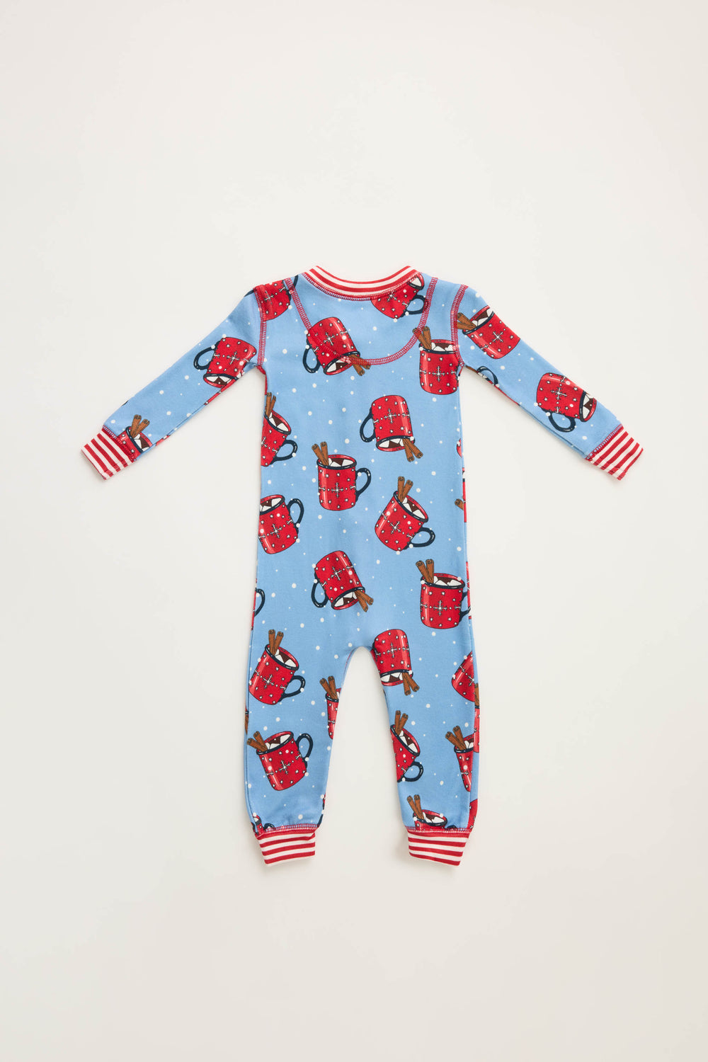 Kids blue romper with red hot cocoa mug pattern.