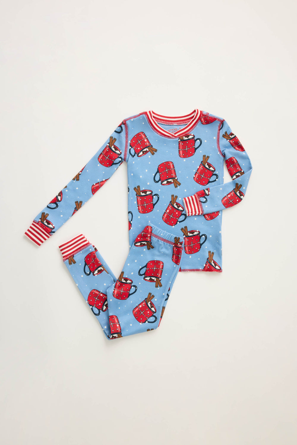 Kids blue PJ long sleeve and banded pant with red hot cocoa mug pattern.