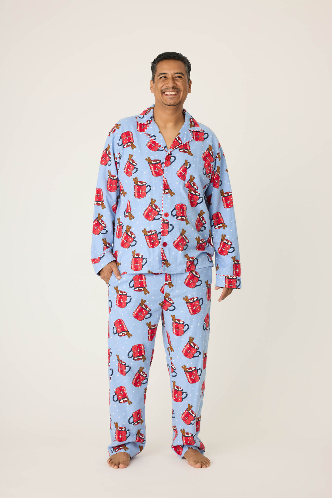 Men's flannel pajama pant in blue with hot cocoa pattern with matching t-shirt.