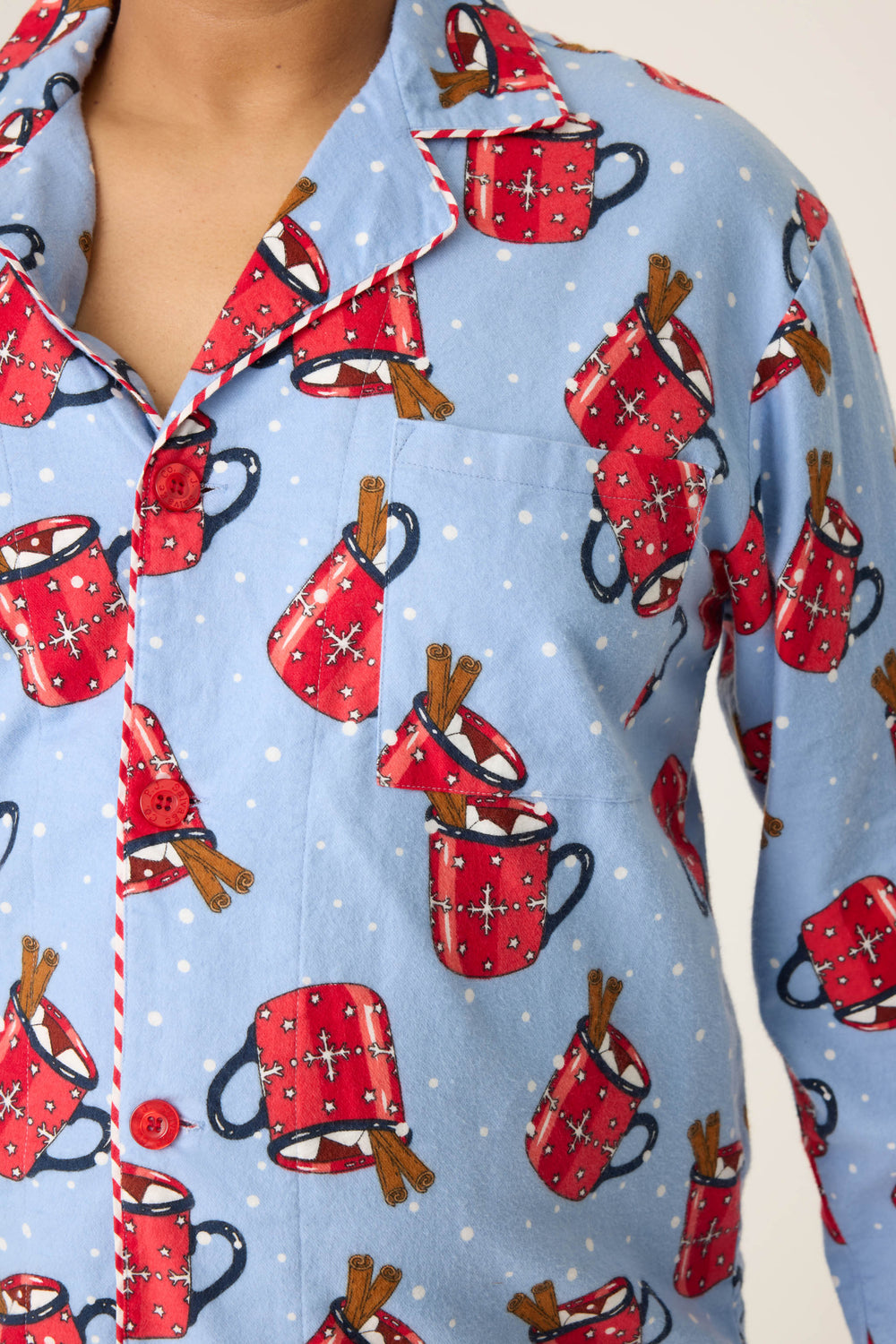 Men's flannel pajama pant in blue with hot cocoa pattern with matching t-shirt.