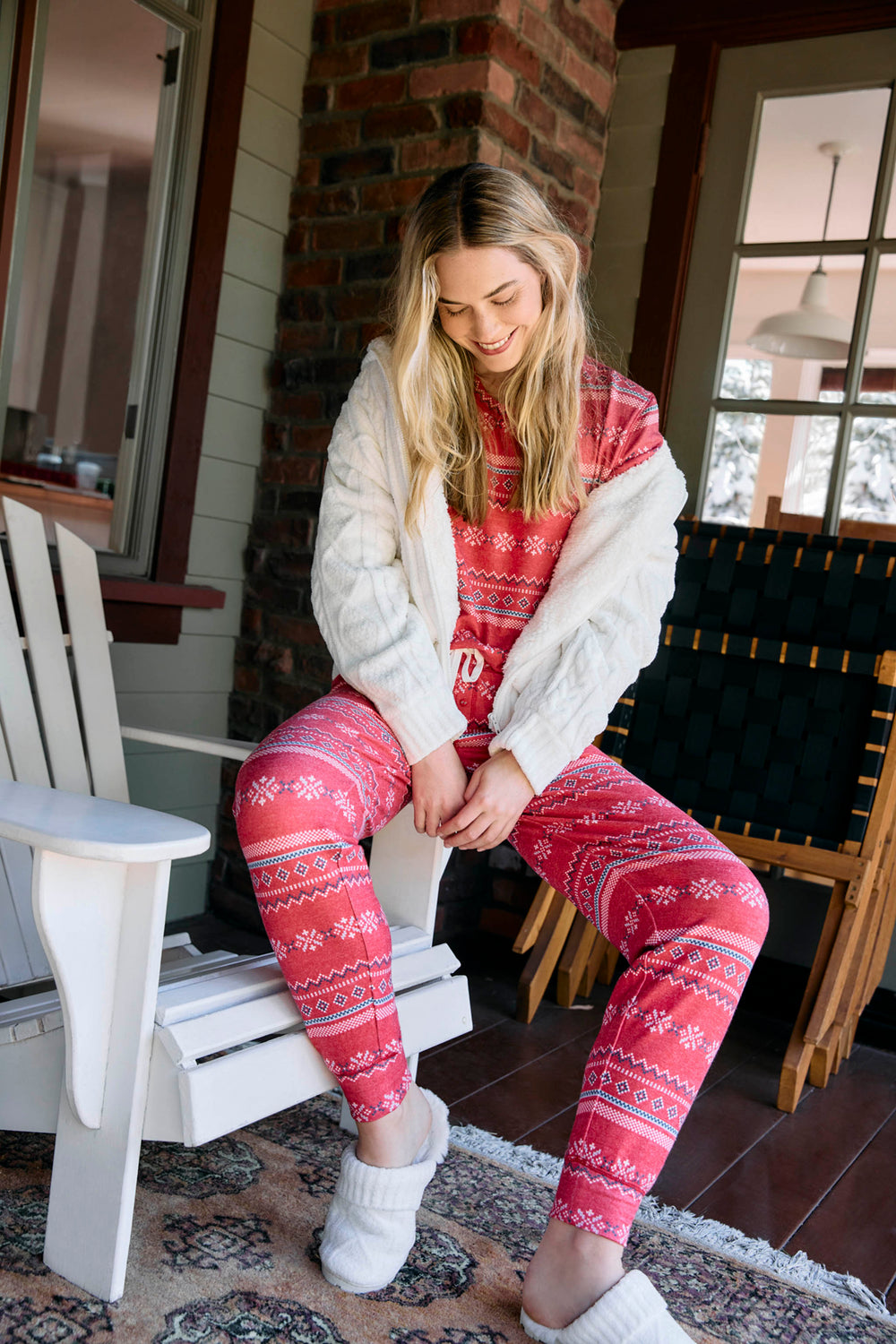 Women's red jammie top and banded PJ pant with holiday fair isle pattern.