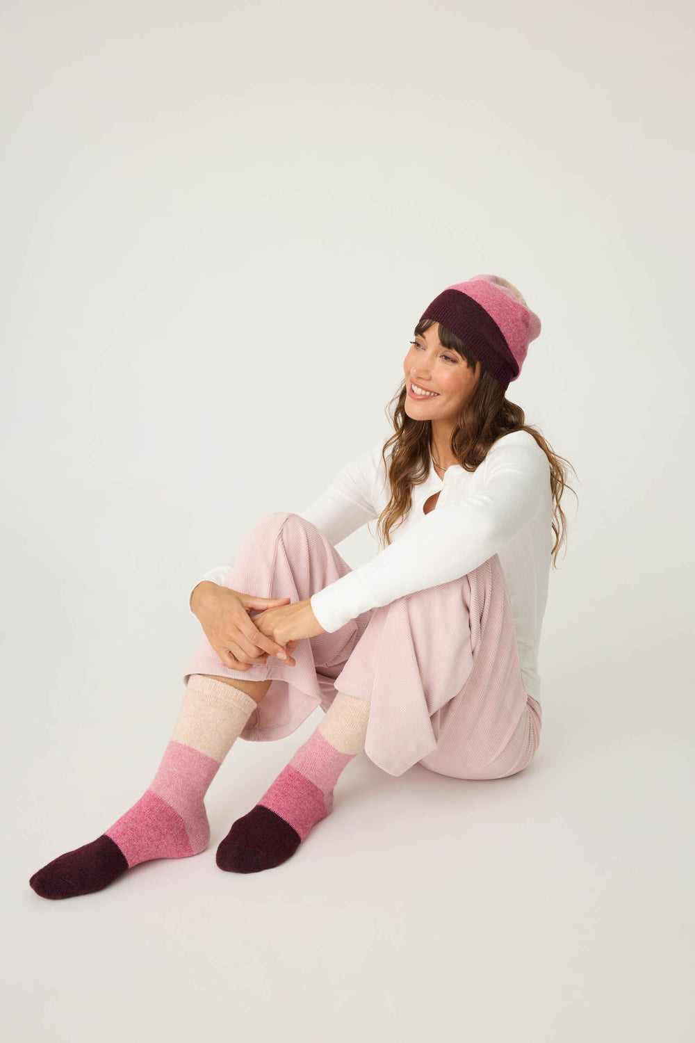 Women's tri-colored stripe beanie and socks.