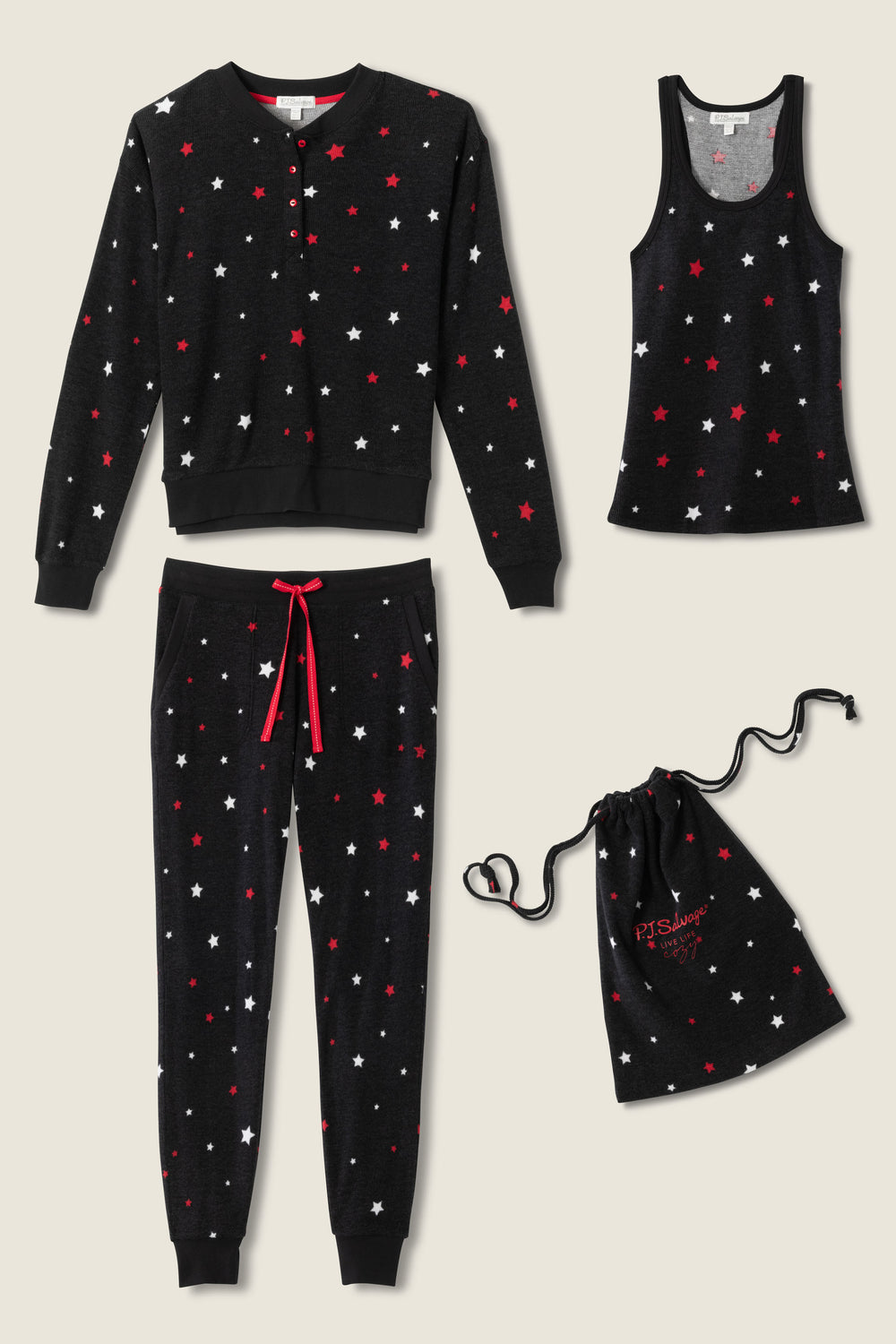 Women's 4-pc gift set in brushed thermal in black with stars print. Tank top, long sleeve 3-button henley top banded pant, & matching printed gift bag