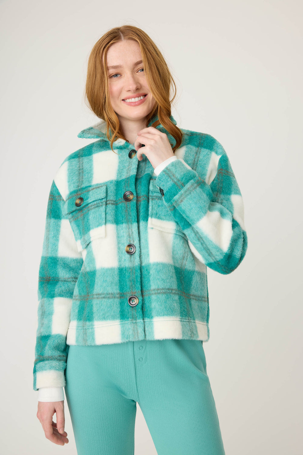 Women's white and jade plaid collared button-up jacket.