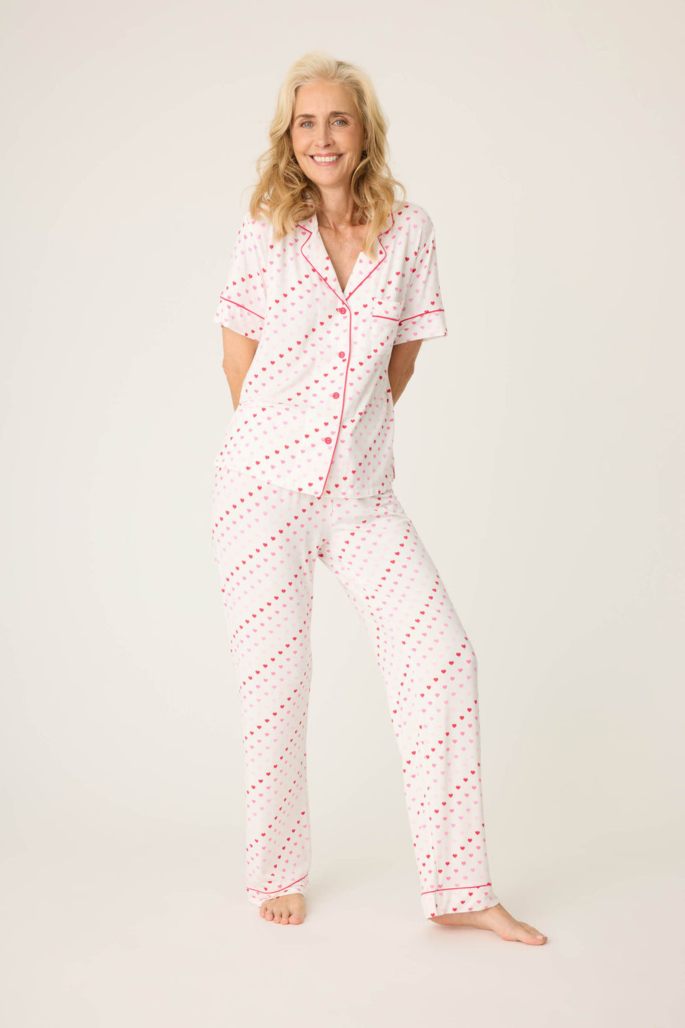 Women's ivory & red heart print pajama set, with short sleeve button top & pj pant.