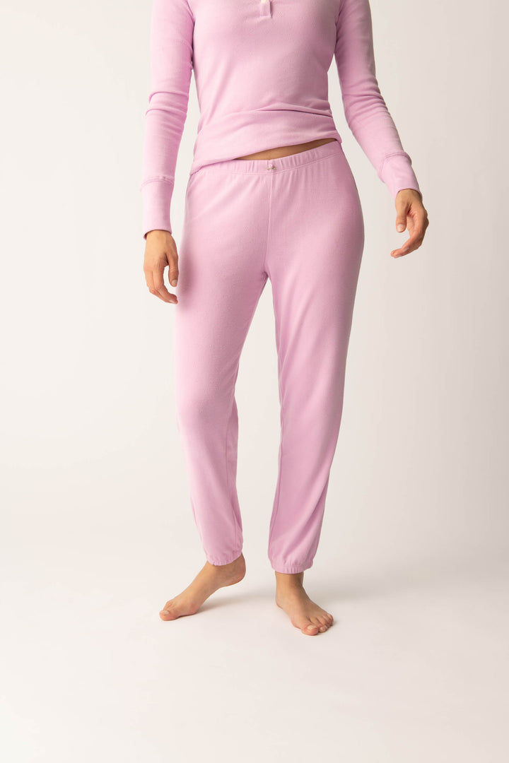 Women's pink banded pj pant with satin rose on waistband.