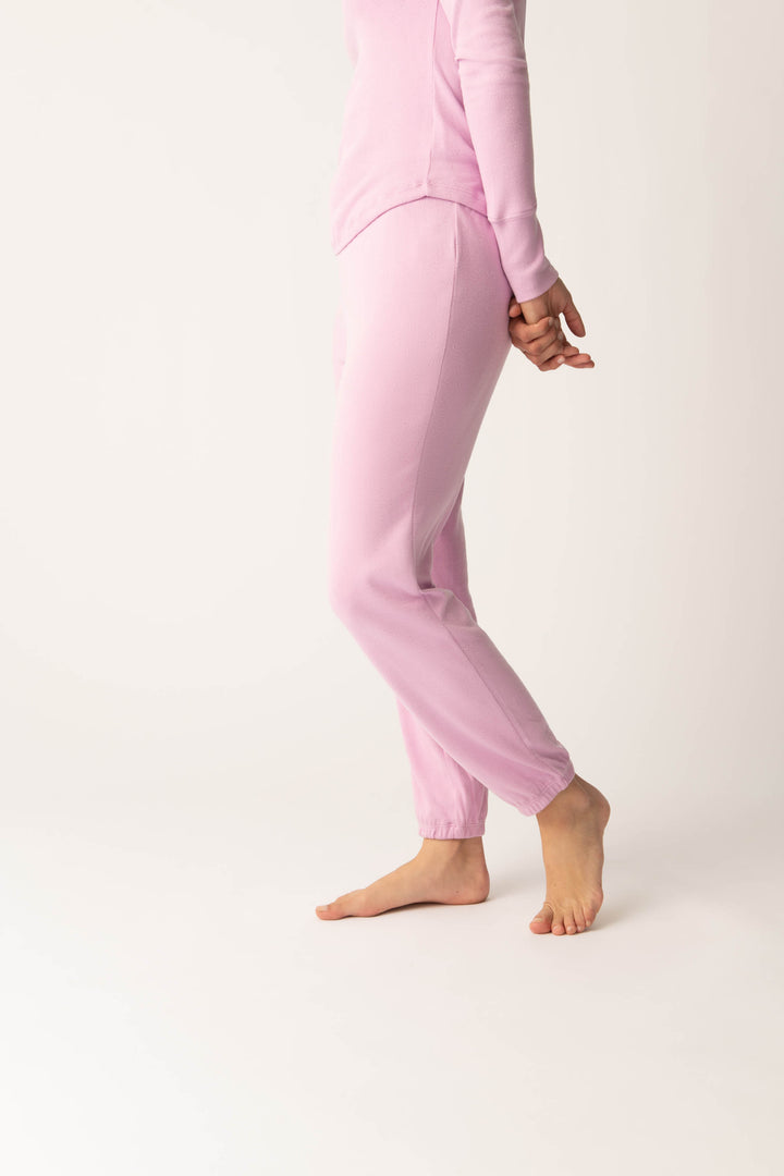 Women's pink banded pj pant with satin rose on waistband.