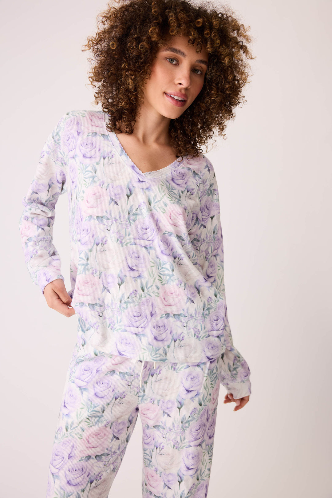 Women's lilac rose pattern v-neck long sleeve pj top.