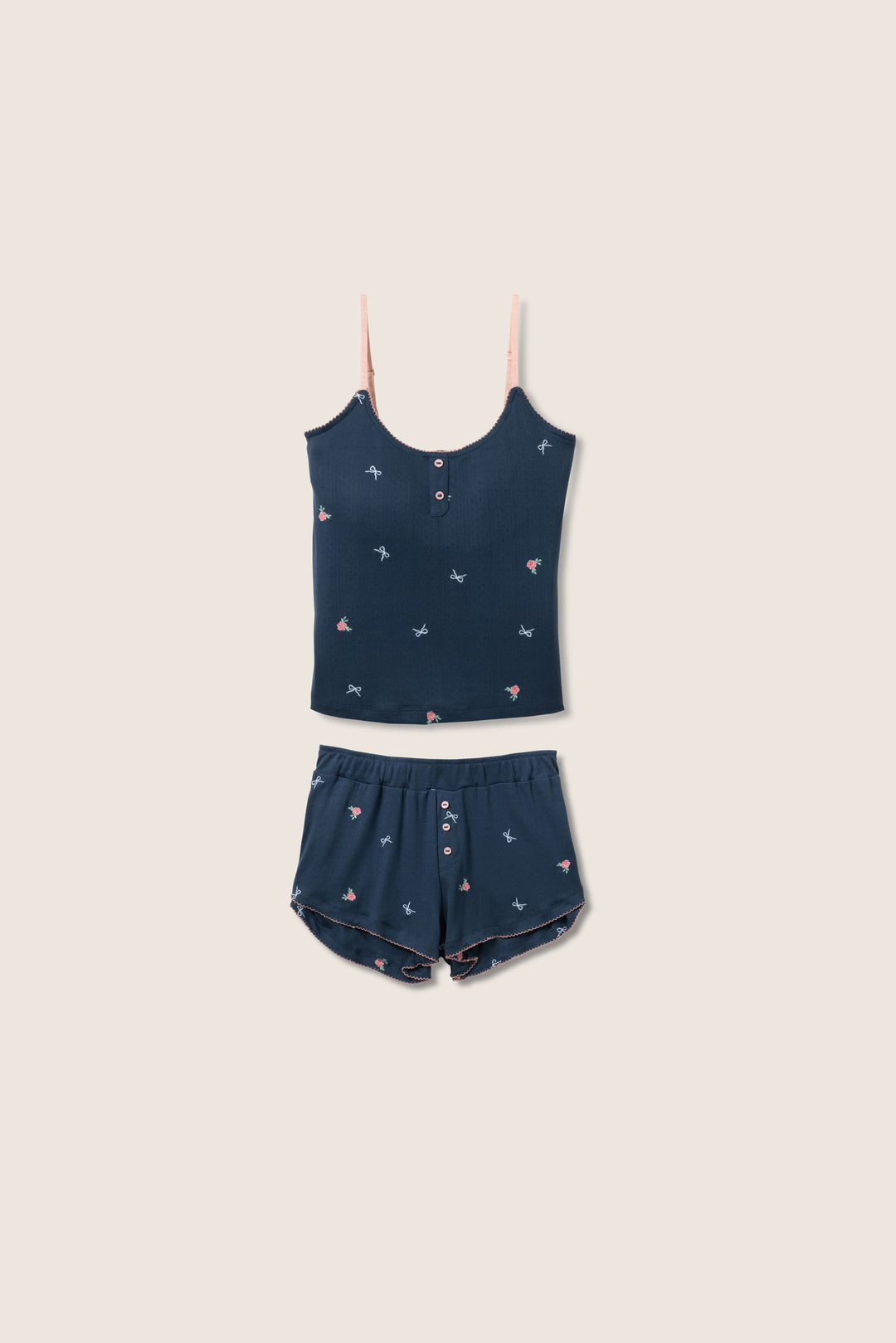 Navy blue with floral sleep set for women with camisole top with shelf bra & pj short with picot edging.