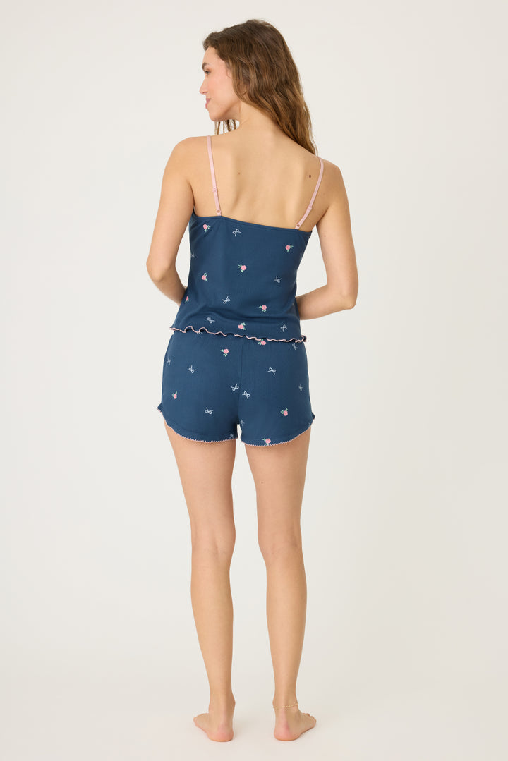 Navy blue with floral sleep set for women with camisole top with shelf bra & pj short with picot edging.