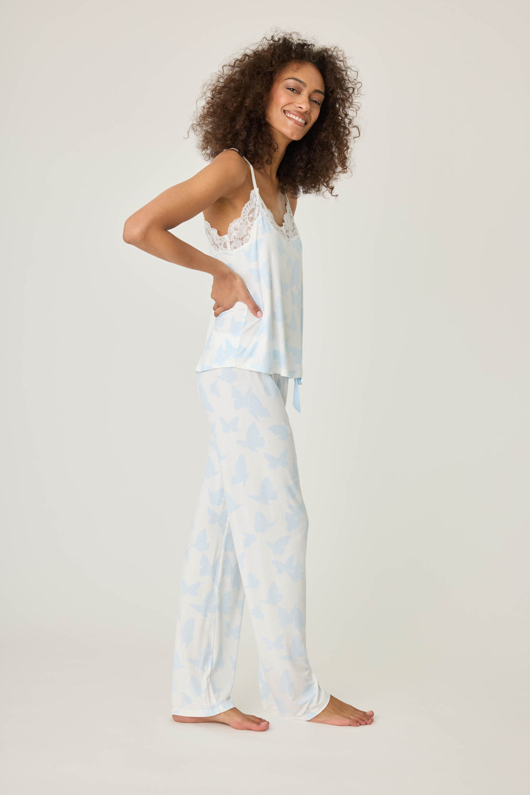 Women's ivory-blue butterfly sleep set in modal jersey. Cami top wtih lace neckline & straight leg pant.