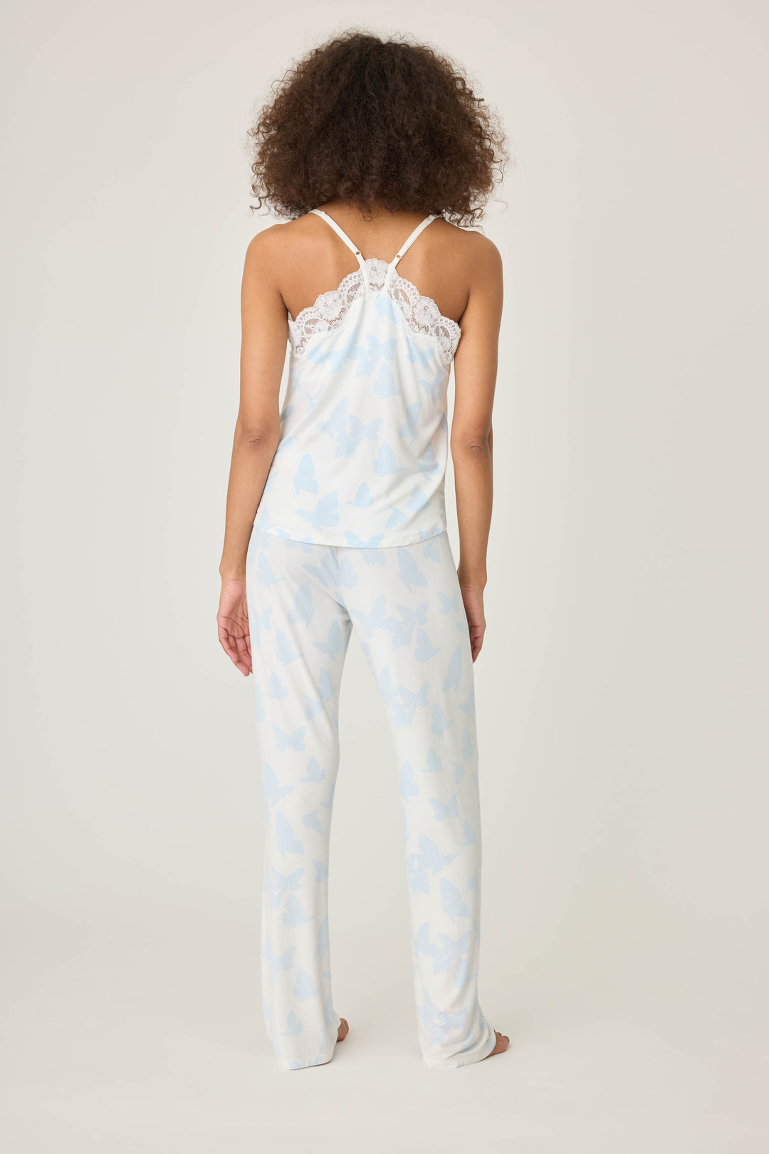 Women's ivory-blue butterfly sleep set in modal jersey. Cami top wtih lace neckline & straight leg pant.