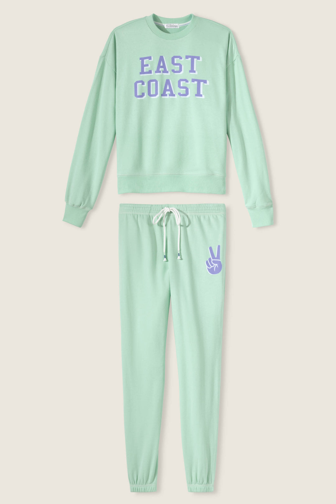 Women's vintage fleece jogger set in light green with EAST COAST graphic print.