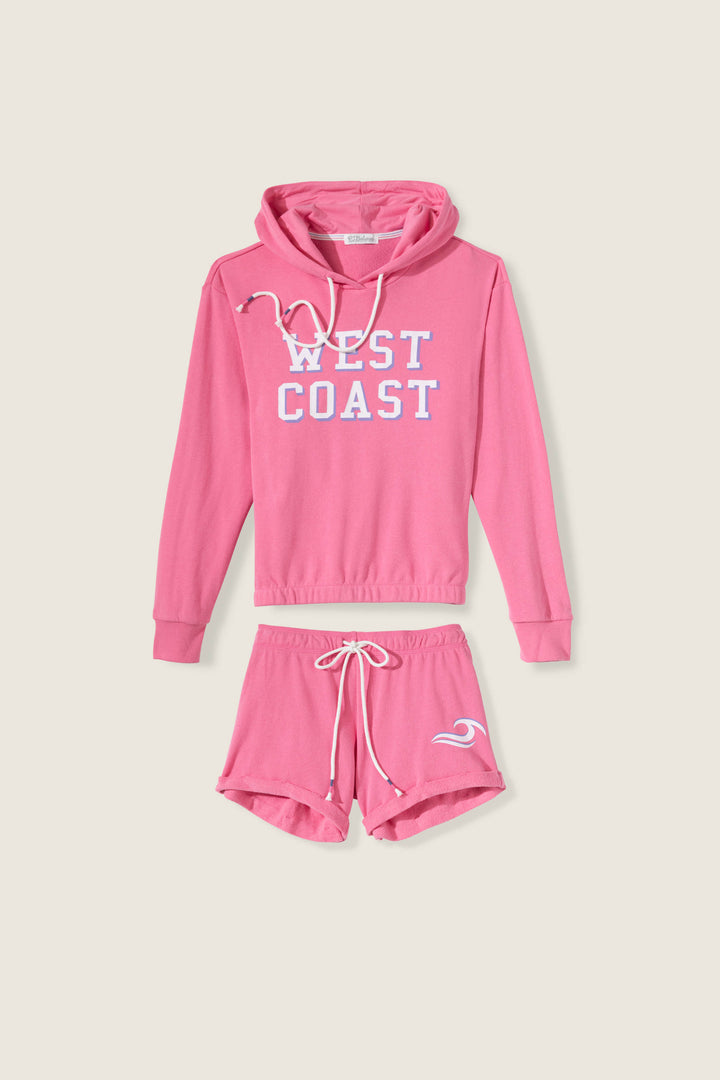 Women's vintage fleece jogger set in pink with WEST COAST graphic print.