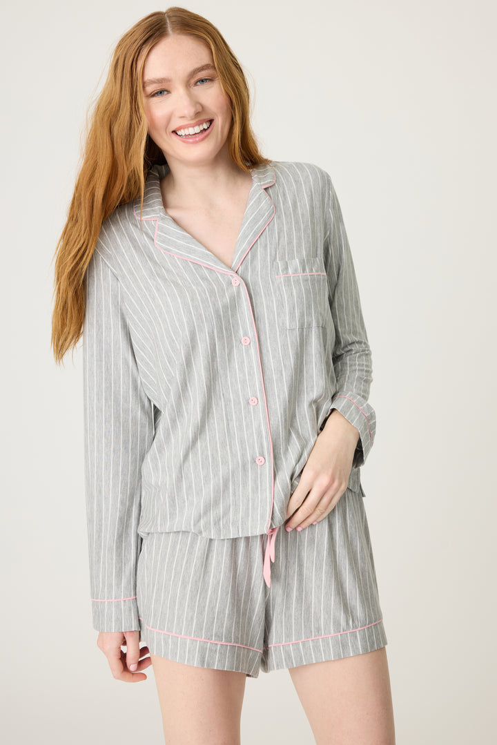 Grey-ivory pinstripe modal women's pajama top with button front & pink piping contrast. Chest pocket.