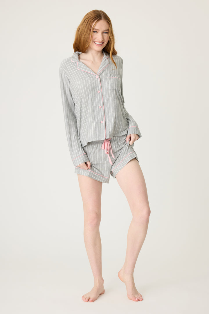 Grey-ivory pinstripe modal women's pajama top with button front & pink piping contrast. Chest pocket.