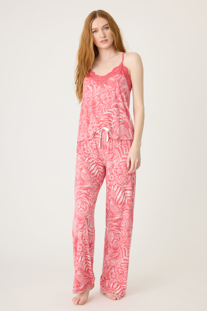 Pink floral modal women's sleep set. Camisole top with scallop lace neck & adjustable straps with shelf bra. PJ pant has side pockets & tie waistband.