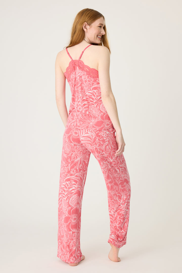 Pink floral modal women's sleep set. Camisole top with scallop lace neck & adjustable straps with shelf bra. PJ pant has side pockets & tie waistband.