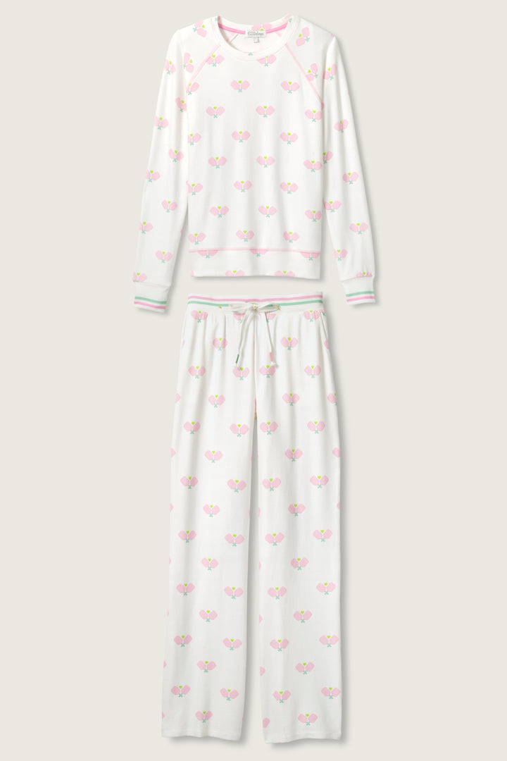 Women's lounge set top & pant in racket printed peachy in ivory-pink pattern, with pink & green stripe waist & sleeve cuffs.