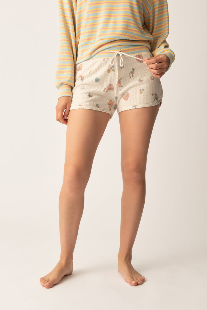 Emoji-fun tattoo printed pj short in oatmeal with multi-color striped waistband.