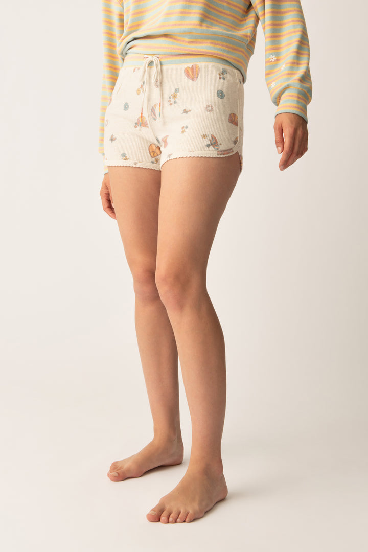 Emoji-fun tattoo printed pj short in oatmeal with multi-color striped waistband.