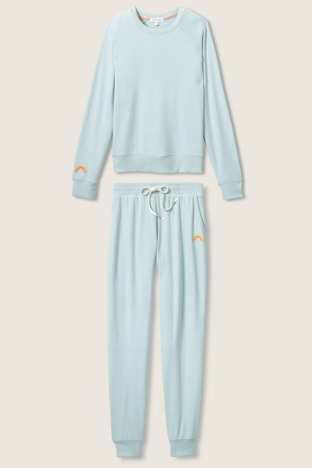 Women's blue melange lounge set top & jogger with small rainbow embroidery on cuff.