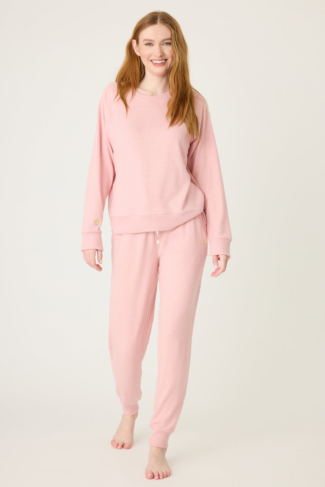 Women's pink melange lounge set top & jogger with small heart embroidery on cuff.