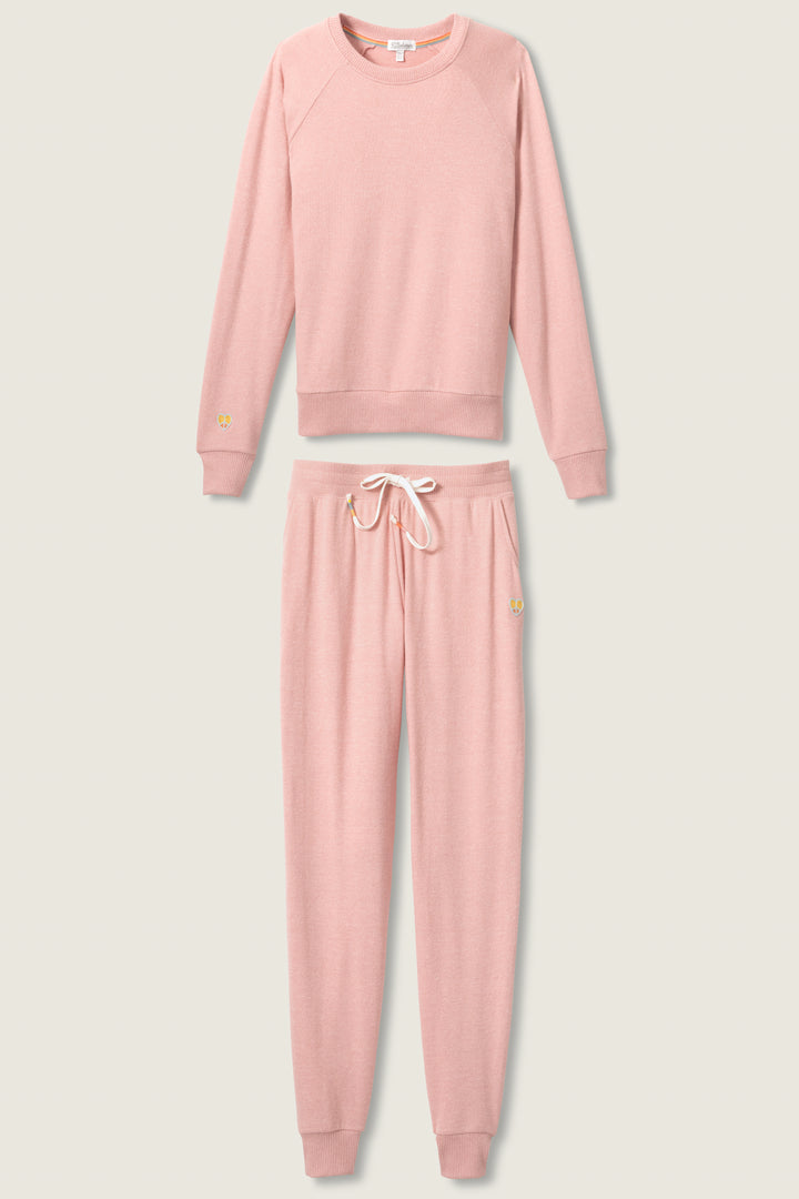 Women's pink melange lounge set top & jogger with small heart embroidery on cuff.