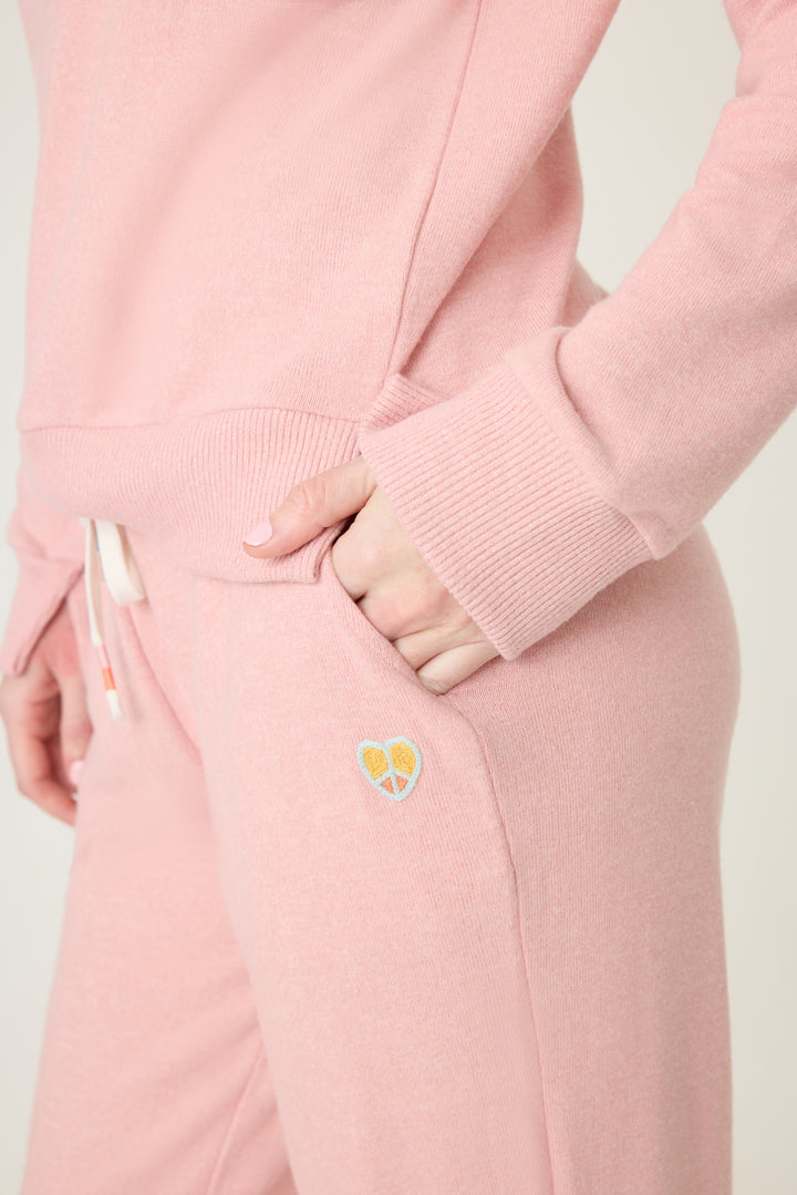 Women's pink melange lounge set top & jogger with small heart embroidery on cuff.