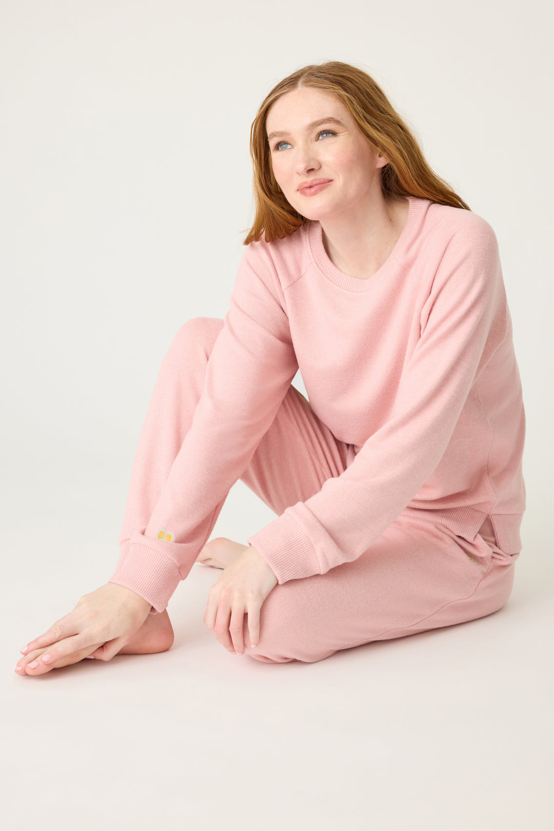 Women's pink melange lounge set top & jogger with small heart embroidery on cuff.